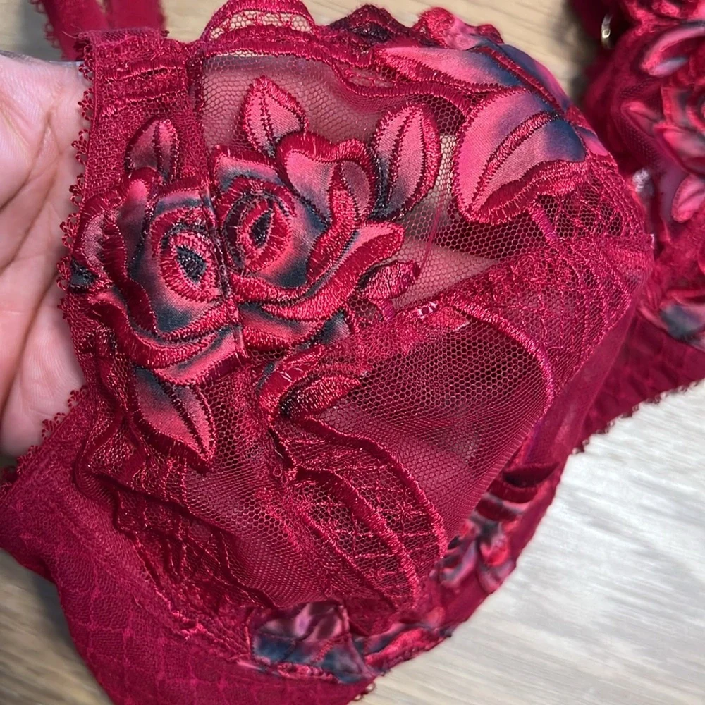 NWOT Victoria’s secret Embroidery low cut Elegant Red Floral Lace Bra size 34 D